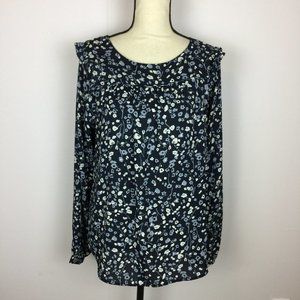 LOFT Blouse Top Size M Womans Blue White Floral Print Long Sleeve Ruffle